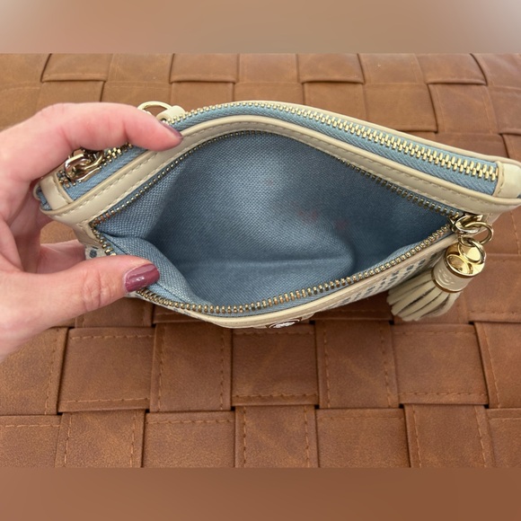 Spartina 449 Daufuskie Island Wristlet Canvas Leather Trim Purse Natural Linen - Picture 4 of 8